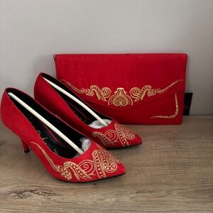 Simply Be Red Gold Embroidered Heels Clutch Set Womens 7‎ Party Wedding Guest